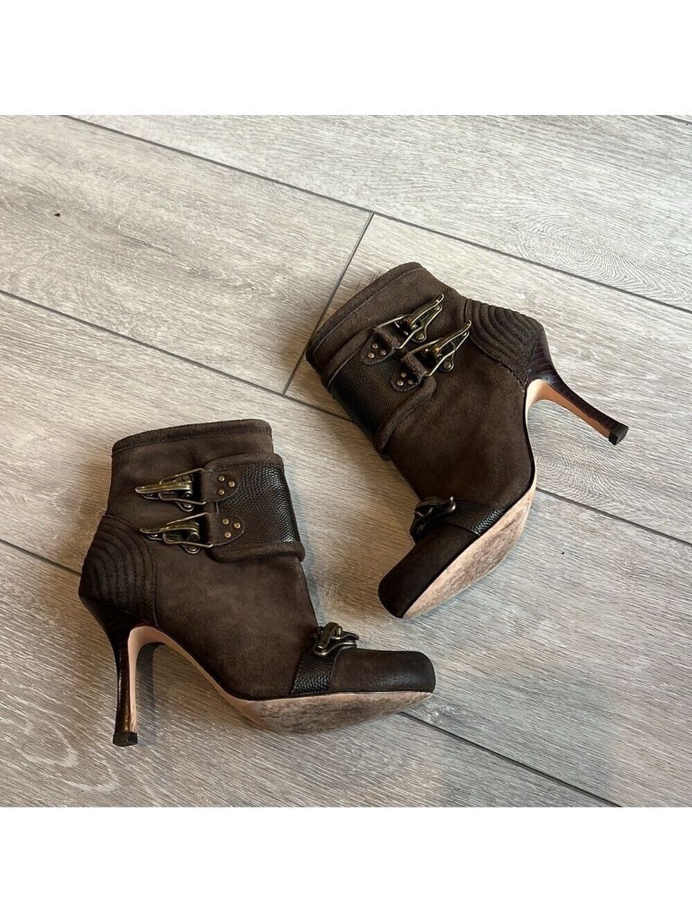 Plenty by Tracy Reese chocolate Brown Suede Ankle Boots with Buckle Detail 7.5 - Picture 3 of 12